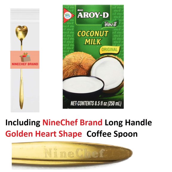 NineChef Bundle - Coconut Milk 250ML 8.5oz (pack 6) Plus NineChef Brand Golden Heart Shape Long Handle Ice Tea Coffee Spoon