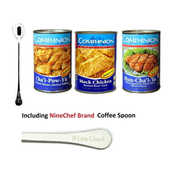 NineChef Bundle --Companion Mixed Three Flavor (Vegan Chicken x4, Seitan TidbitsX4,mock Chicken X4, total 12 pack) Plus NineChef Coffee Spoon ,meat substitute,Non-GMO Gluten,Product of Taiwan