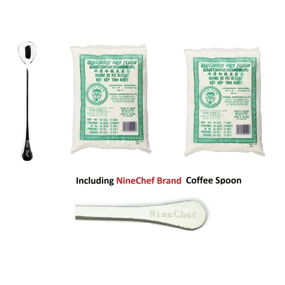 NineChef Bundle - Dried Sweet Glutinous Rice Flour 1 Lb (pack 2 ) Traditional Water Milled + 1 NineChef Brand Long Handle Spoon