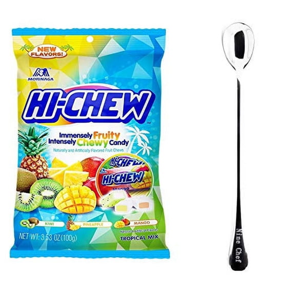 NineChef Bundle - HiChew Hi-Chew Fruity Chewing Candy Tropical Mix (Kiwi Pineapple Mango) 3.53oz 100g (1 Bag) + 1 NineChef Coffee Spoon