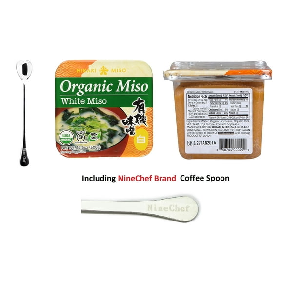 NineChef Bundle -- Hikari Organic Miso Paste White 17.6 oz (Pack 2) Plus NineChef Coffee Spoon, 500g Product of Japan