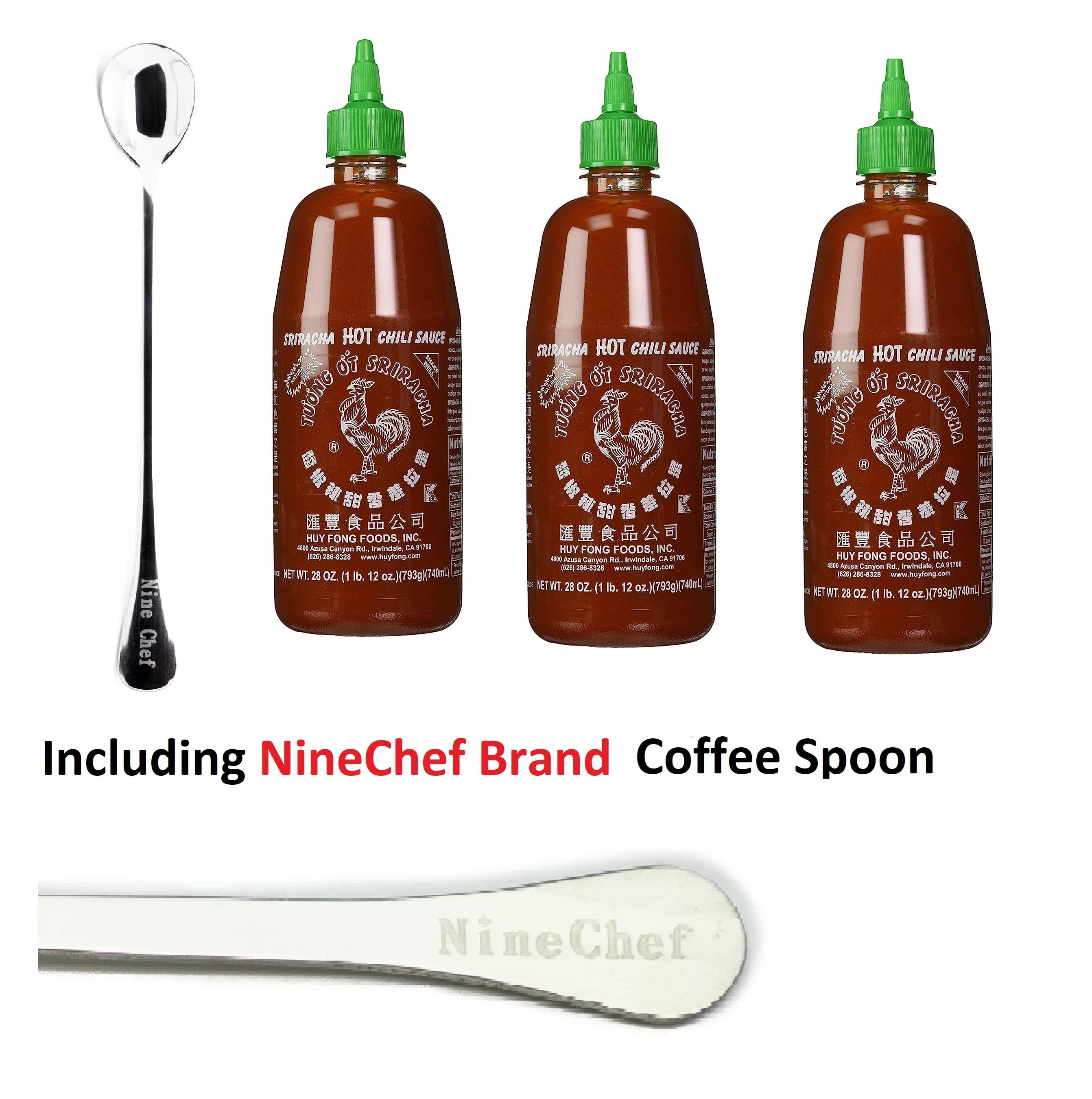 NineChef Bundle - Huy Fong Sriracha Hot Chili Sauce 28-Ounce Bottles (Pack of 3) + 1 NineChef Brand Spoon