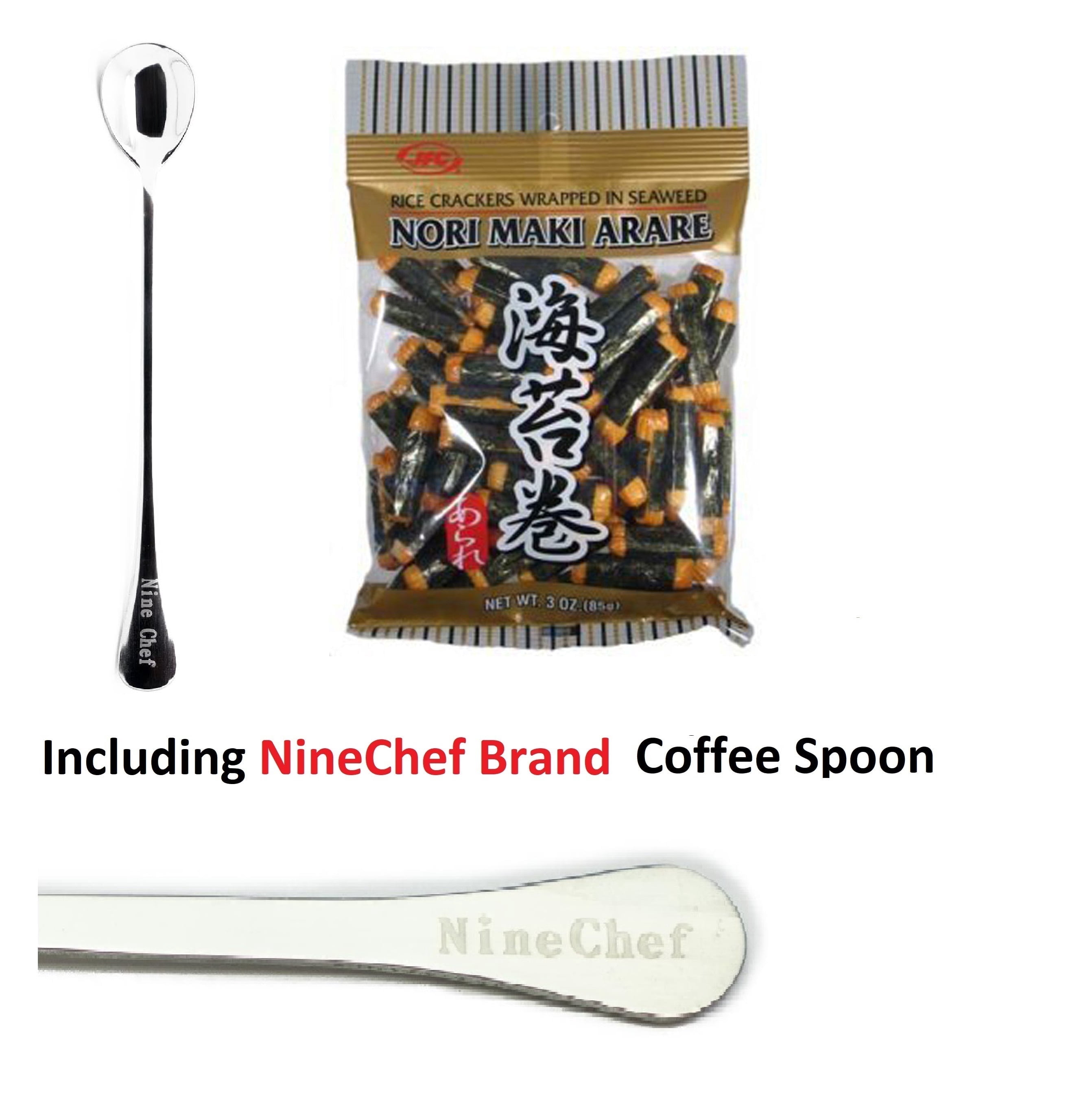 NineChef Bundle - JFC J-Basket - Nori Maki Arare (rice crackers wrapped in seaweed) 3 Oz (pack 3). + 1 NineChef Brand Long Handle Spoon