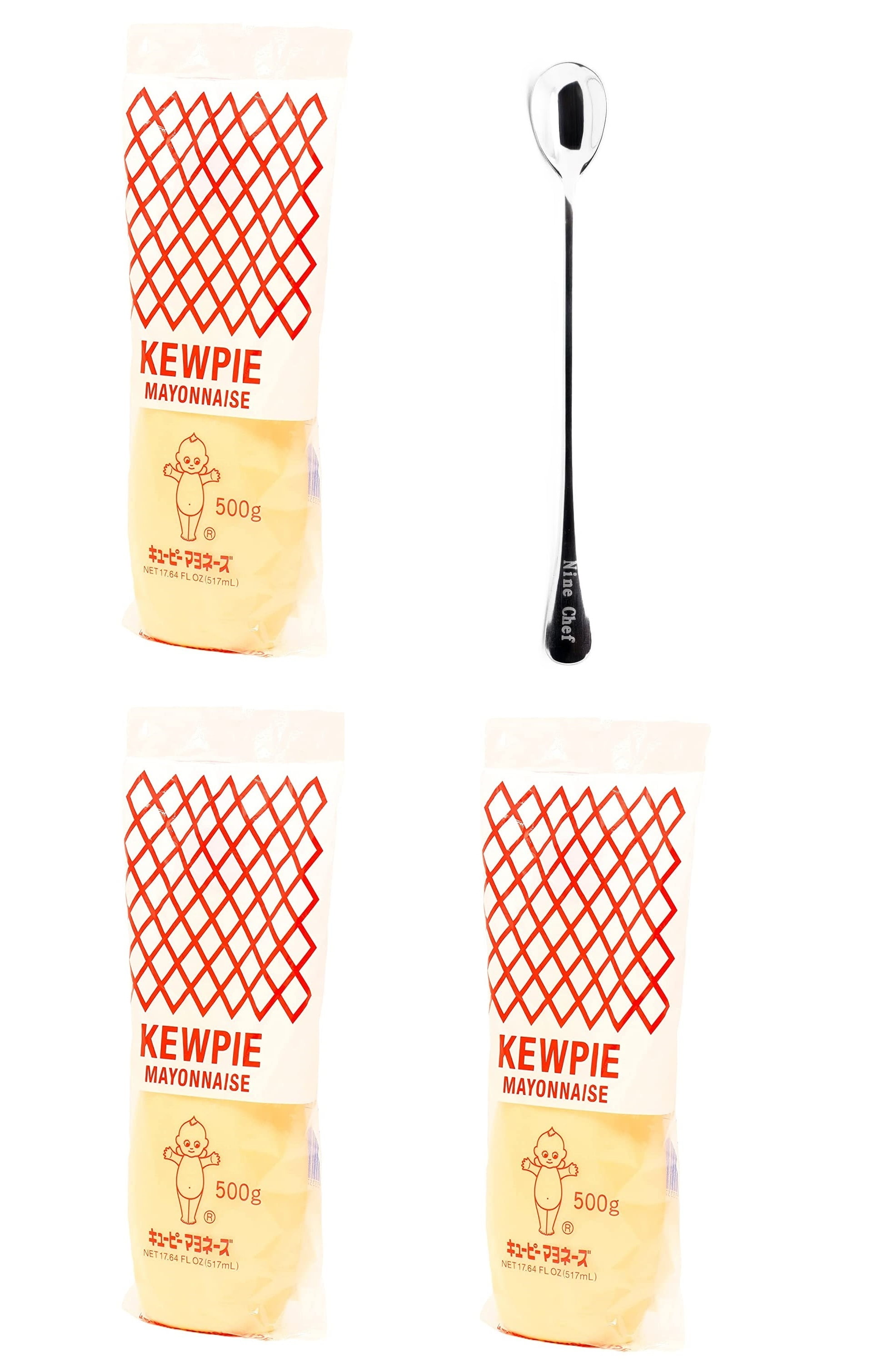 NineChef Bundle - Japanese Kewpie Mayonnaise - 17.64 oz. (Pack of 3) Plus One NineChef Brand Long Handle Coffee Spoon