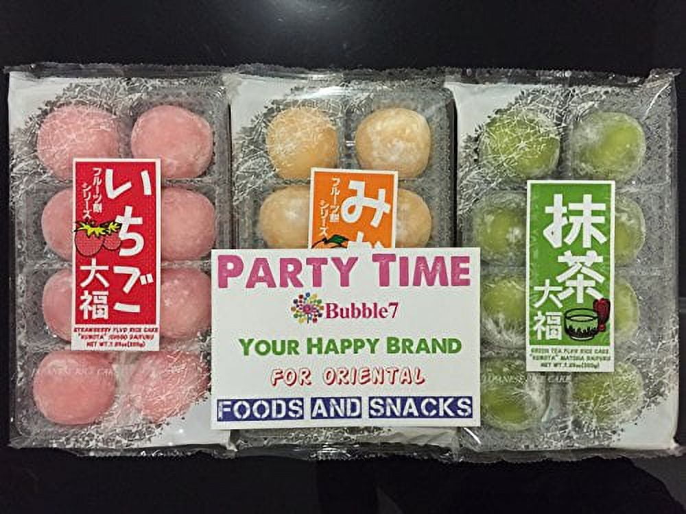NineChef Bundle - Japanese Mochi Fruits Daifuku (Rice Cake) CHOICE OF: Strawberry Melon Green Tea Orange Flavors. (Strawberry+Orange+Green Tea) + 1 NineChef Brand Long Handle Spoon