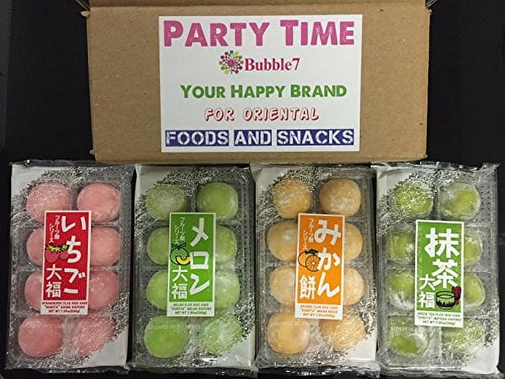 NineChef Bundle - Japanese Mochi Fruits Daifuku (Rice Cake) Strawberry Melon Green Tea Orange Flavors. (4 Flavors Mix) + 1 NineChef Brand Long Handle Spoon
