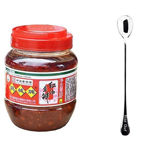 NineChef Bundle - Juan Cheng Sichuan Pixian Boad Bean Paste with Red Chili Oil (small) 17.6oz/500g (24 Pack (one case)) + 1 NineChef Brand Long Handle Spoon