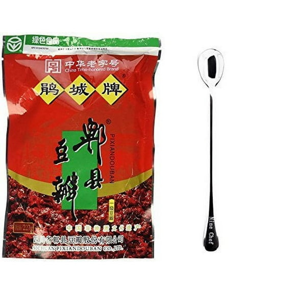 NineChef Bundle - Juan Cheng Sichuan Pixian Broad Bean Paste (small) 8oz (4 Pack) + 1 NineChef Brand Long Handle Spoon