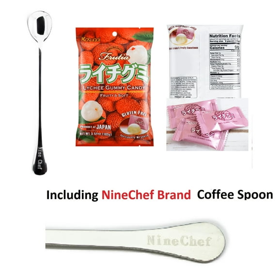 NineChef Bundle - Kasugai Gummy Candy Lychee Flavor Pack 2 Plus NineChef Coffee Spoon , Product of Japan, Gluten Free