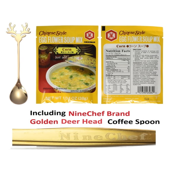 NineChef Bundle - Kikkoman Chinese Style Egg Flower Soup Mix , Corn Flavor (Pack 12) Plus NineChef Brand Coffee Spoon, Made in Japan