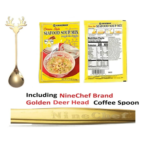 NineChef Bundle - Kikkoman Chinese Style Seafood Soup Mix (Pack 2) Plus NineChef Brand Coffee Spoon, Made in Japan