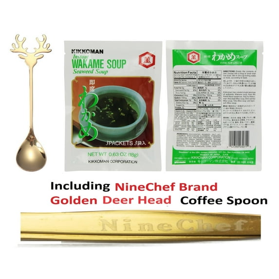 NineChef Bundle - Kikkoman Instant Wakame Soup Seaweed Soup 0.63oz (Pack 12) Plus NineChef Brand Coffee Spoon, Made in Japan