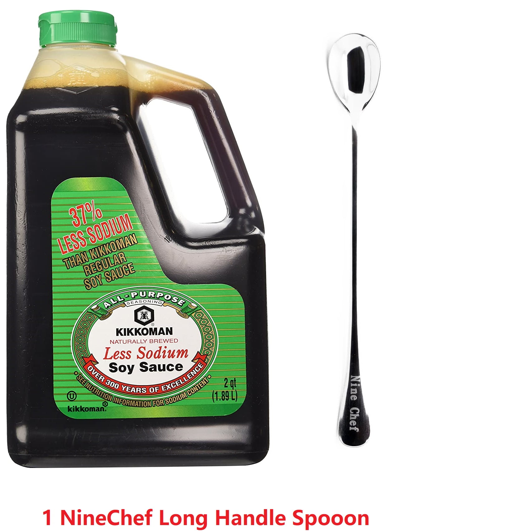 NineChef Bundle - Kikkoman Lite Soy Sauce Less Sodium 64-Ounce Bottle (Pack of 1) + 1 NineChef Spoon