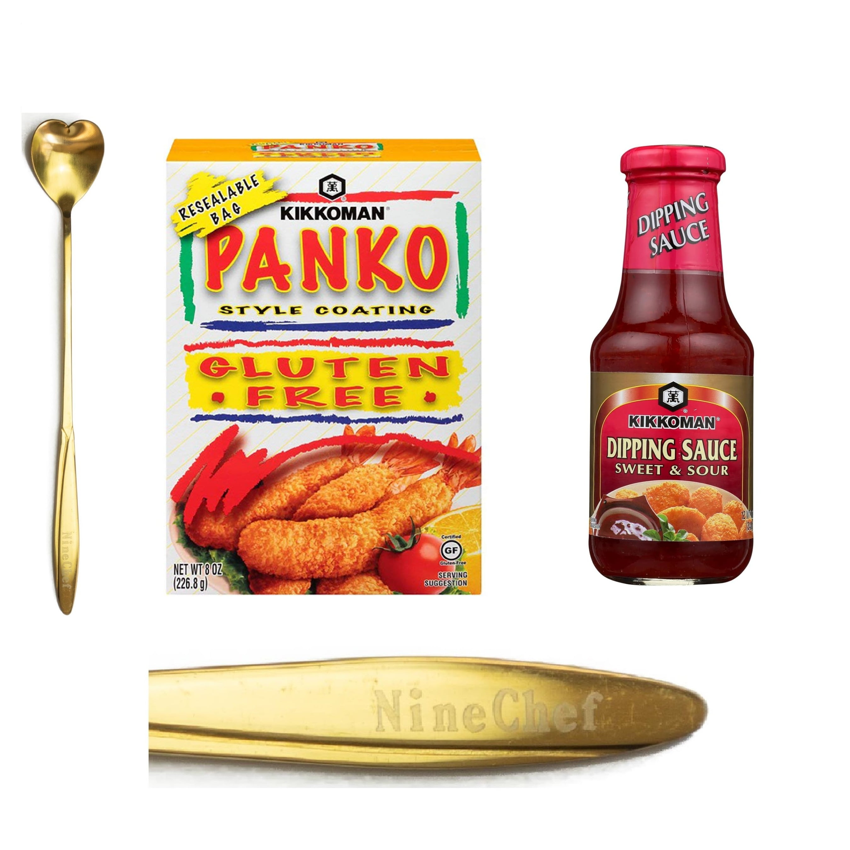 NineChef Bundle - Kikkoman Panko Style Coating Gluten-Free Breadcrumbs 8oz , Kikkoman Dipping Sauce, Sweet and Sour, 12 oz and One NineChef Spoon