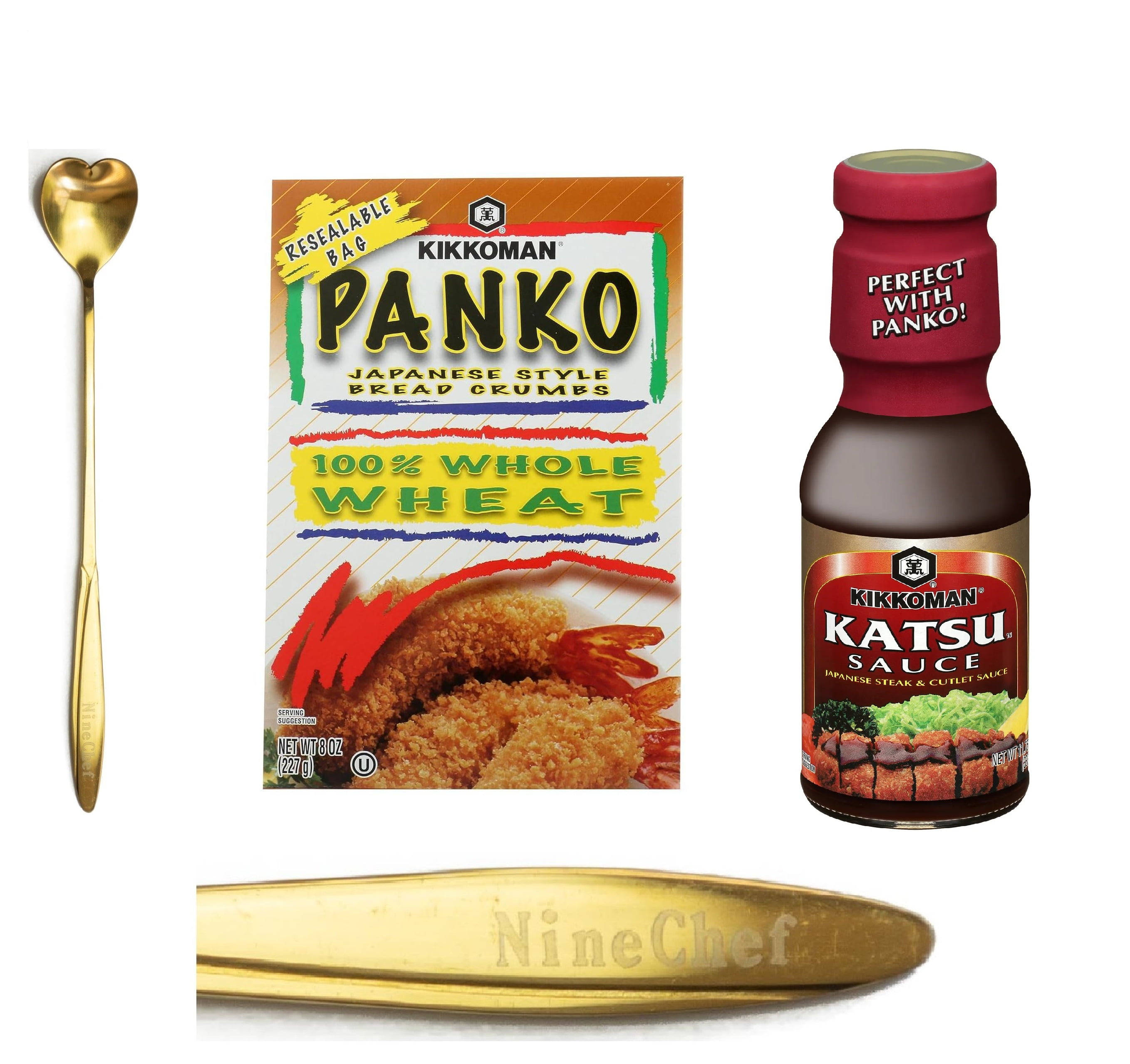 NineChef Bundle - Kikkoman Panko Style Coating Gluten-Free Breadcrumbs 8oz , Kikkoman Katsu Sauce 11.75oz and One NineChef Spoon