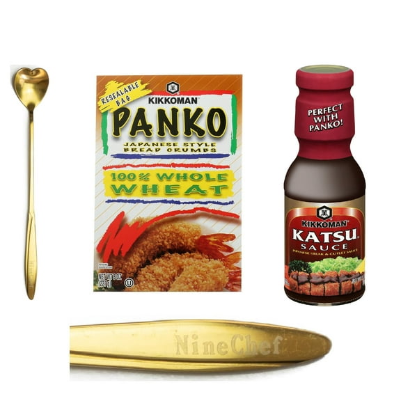 NineChef Bundle - Kikkoman Panko Style Coating Gluten-Free Breadcrumbs 8oz , Kikkoman Katsu Sauce 11.75oz and One NineChef Spoon