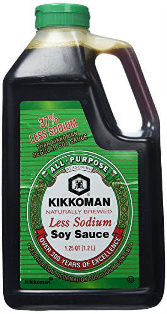 NineChef Bundle - Kikkoman Traditionally Brewed Less Sodium All-Purpose Seasoning Soy Sauce 1.25 Qt (40 Oz) + 1 NineChef Brand Long Handle Spoon