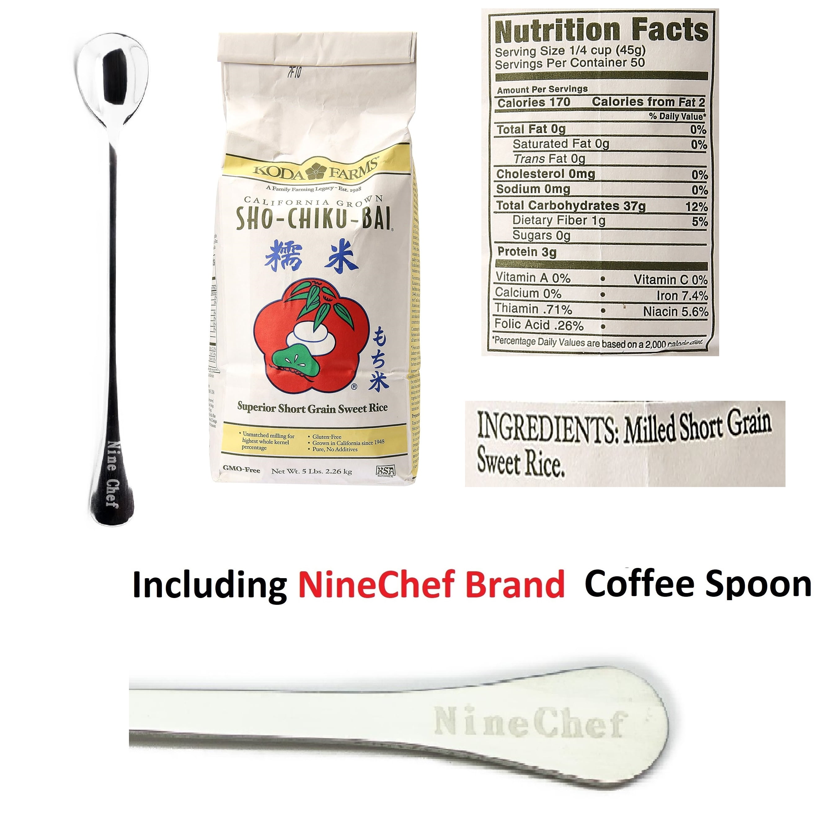 NineChef Bundle - Koda Farms Sho-Chiku-Bai (Premium Sweet Rice) - 5lbs + 1 NineChef Brand Long Handle Spoon