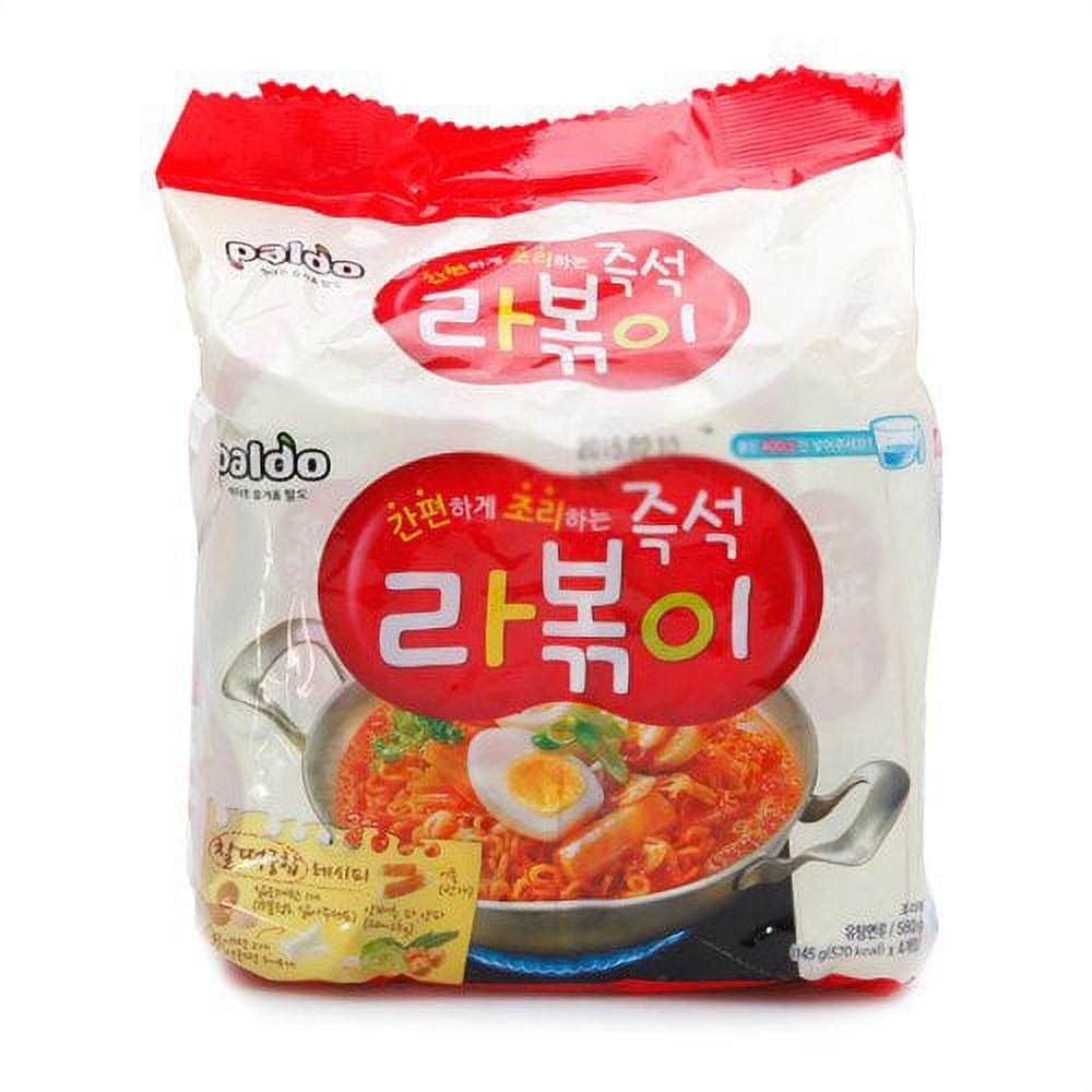 NineChef Bundle - [Korean Noodle] Paldo Immediate Stir-fried Rice Cake with Ramen Noodles 145g(Pack of 4) + 1 NineChef Brand Long Handle Spoon