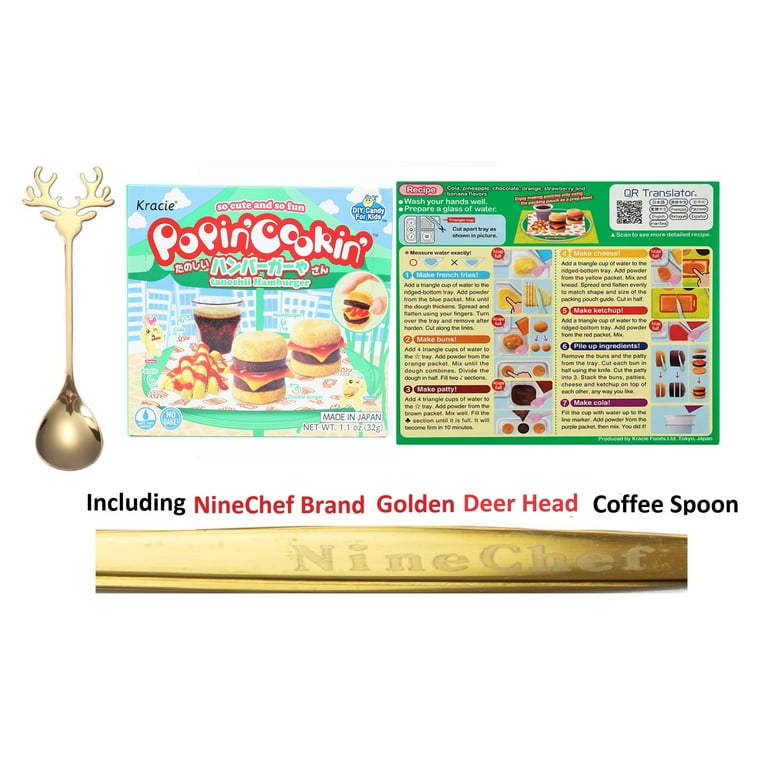 NineChef Bundle - Kracie Popin Cookin Japanese Diy Candy for Kids  (Hamburger Kit Pack of 1) Plus NineChef Brand Golden Deer Head Spoon 