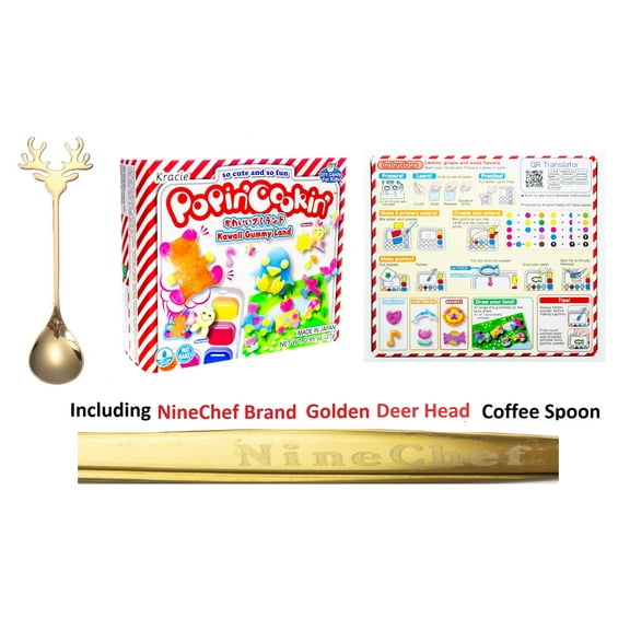 NineChef Bundle - Kracie Popin Cookin Japanese Diy Candy for Kids (kawaii Gummy Land Kit Pack of 1) Plus NineChef Brand Golden Deer Head Spoon