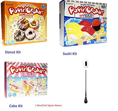 NineChef Bundle - Kracie Popin Cookin JapaneseDiy Candy for Kids Tanoshii Donuts + Sushi + cakes Kit Bundle (Pack of 2) Total 6 kits + 1 NineChef Brand Long Handle Spoon