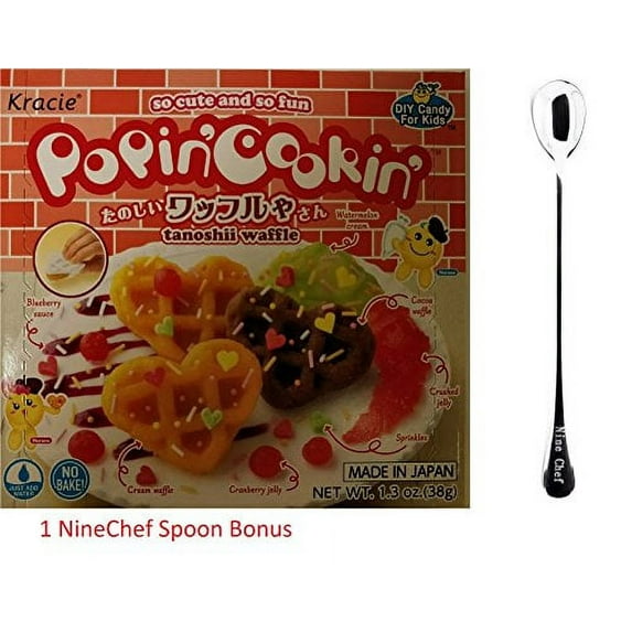 NineChef Bundle - Kracie Popin Cookin JapaneseDiy Candy for Kids Tanoshii Waffle Kit (Pack of 4) Total 4 kits + 1 NineChef Brand Long Handle Spoon