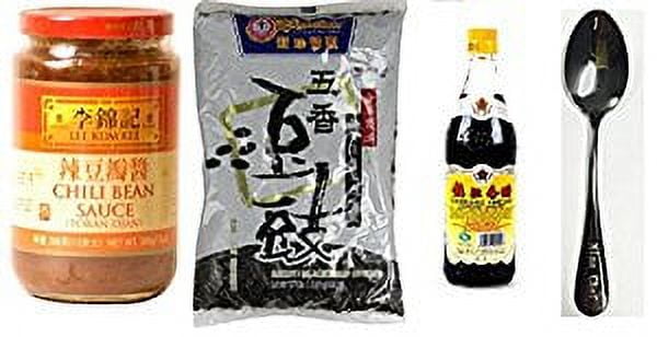 NineChef Bundle - Lee Kum Kee Chili Bean Sauce (Toban Djan) (13 oz.)+Chinese Douchi - Fermented Black Beans - 16 Oz Bag Each + Gold Plum Chinkiang Vinegar 18.6 fl oz + 1 NineChef Brand ChopStick