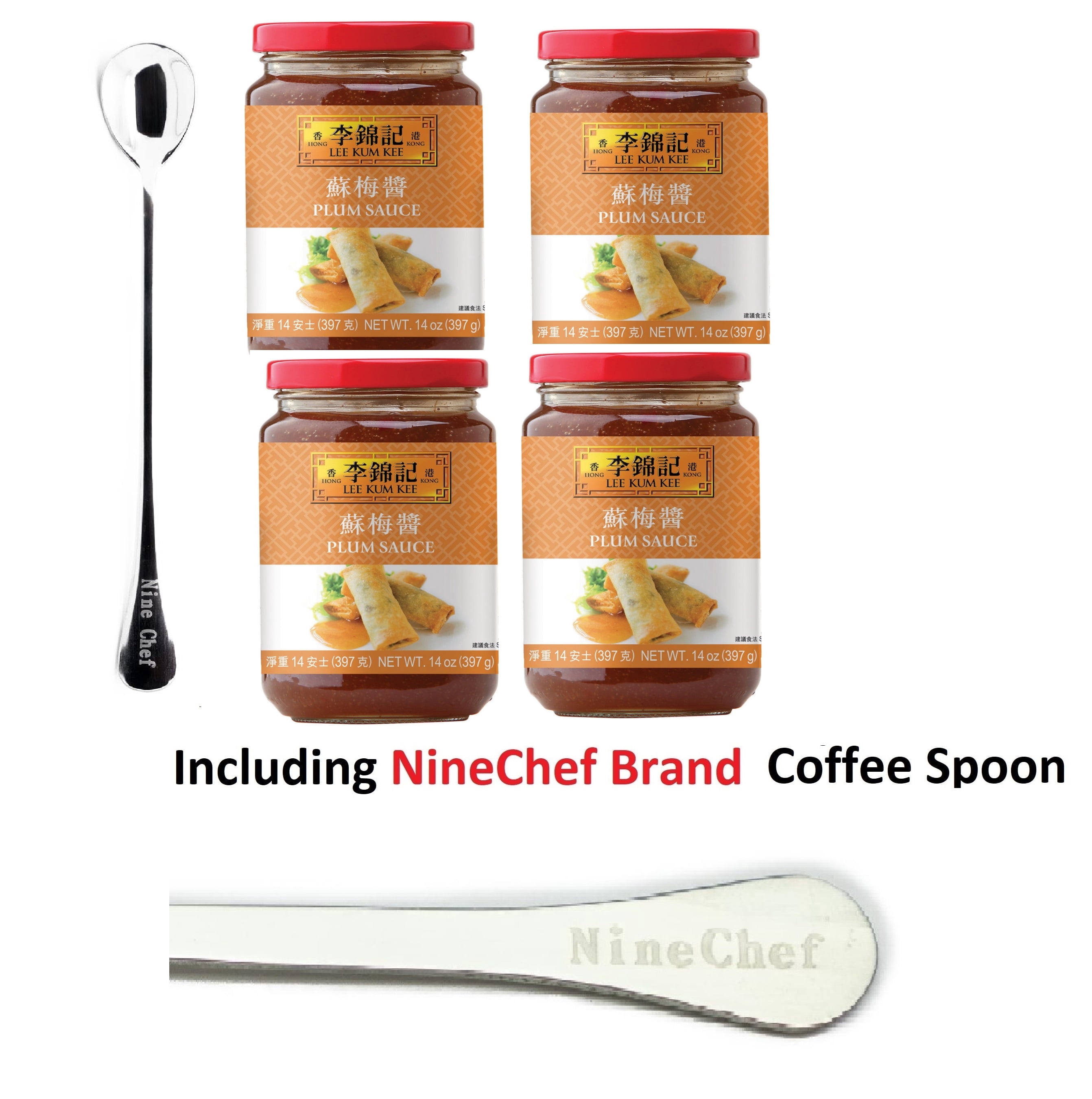 NineChef Bundle - Lee Kum Kee Plum Sauce 14-Ounce Jars (Four Bottle) + 1 NineChef Brand Spoon