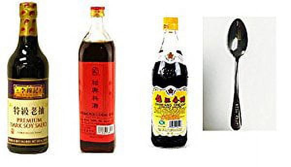 NineChef Bundle - Lee Kum Kee Premium Dark Soy Sauce - 16.9 fl. oz + SHAOHSING RICE COOKING WINE 750ML + Gold Plum Chinkiang Vinegar 18.6 fl oz + 1 NineChef Brand Spoon