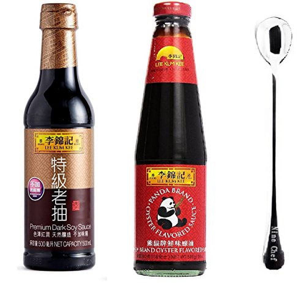 NineChef Bundle - Lee Kum Kee Premium Dark Soy Sauce + Panda Oyster Sauce (18 oz.) + 1 NineChef Brand Long Handle Spoon