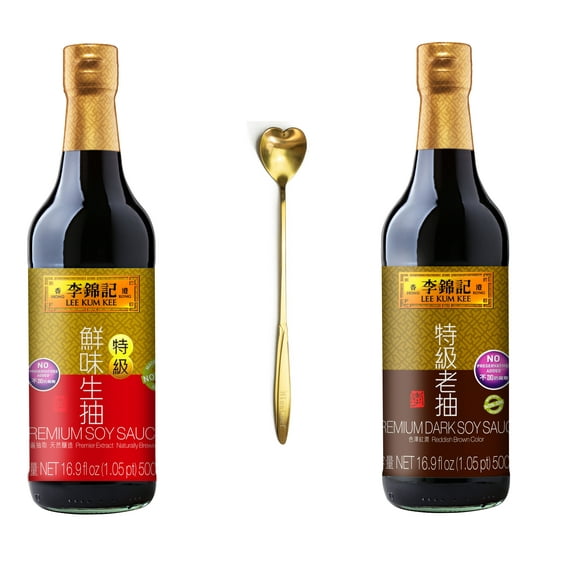 NineChef Bundle - Lee Kum Kee Premium Light Soy Sauce 16.9-Ounce Plus Premium Dark Soy Sauce - 16.9 fl. Ounce Plus 1 NineChef Brand Heart Shape Spoon