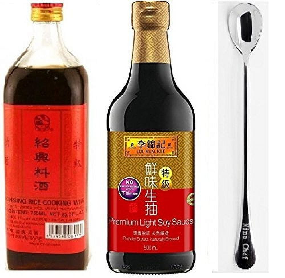 NineChef Bundle - Lee Kum Kee Premium Light Soy Sauce 16.9-Ounce + Shaohsing Rice Cooking Wine 750ml + 1 NineChef Brand ChopStick