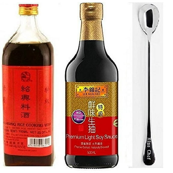 NineChef Bundle - Lee Kum Kee Premium Light Soy Sauce 16.9-Ounce + Shaohsing Rice Cooking Wine 750ml + 1 NineChef Brand ChopStick