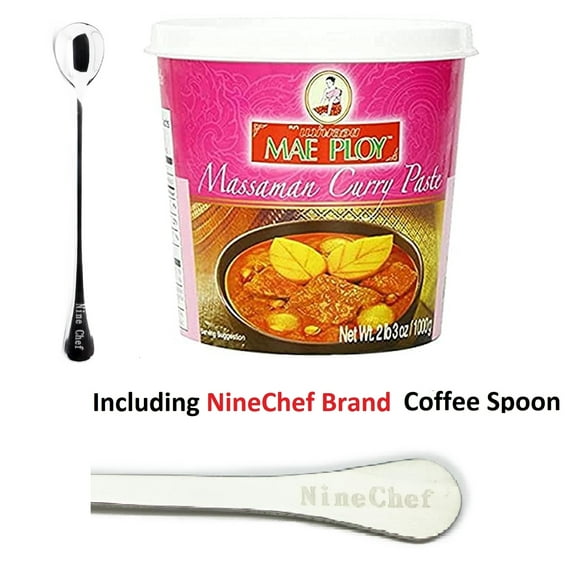 NineChef Bundle - Mae Ploy Massaman Curry Paste (35oz Tub), Authentic Thai Curry Paste For Thai Curries And Other Dishes, Aromatic Blend Of Herbs, Spices Paste Plus NineChef Brand Coffee Spoon