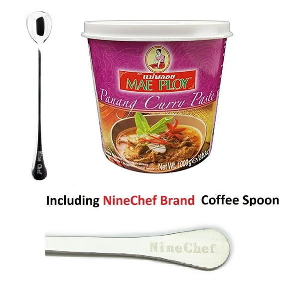 NineChef Bundle - Mae Ploy Panang Curry Paste (35oz Tub), Authentic Thai Curry Paste For Thai Curries And Other Dishes, Aromatic Blend Of Herbs, Spices Paste Plus NineChef Brand Coffee Spoon
