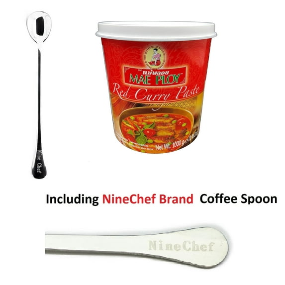 NineChef Bundle - Mae Ploy Red Curry Paste (35oz Tub), Authentic Thai Curry Paste For Thai Curries And Other Dishes, Aromatic Blend Of Herbs, Spices Paste Plus NineChef Brand Coffee Spoon