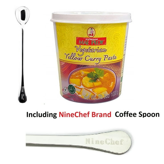 NineChef Bundle - Mae Ploy Vegetarian Yellow Curry Paste(35oz Tub) with Authentic Thai Spices Like Shallot Green Chili Pepper Lemongrass, Galangal, Kaffir Lime No MSG Plus NineChef Brand Coffee Spoon