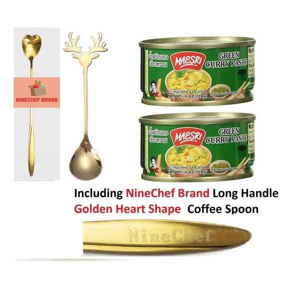 NineChef Bundle - Maesri Thai Green Curry Paste - 4 oz x 2 cans + 2 NineChef Spoon(Golden Heart and Deer Head)