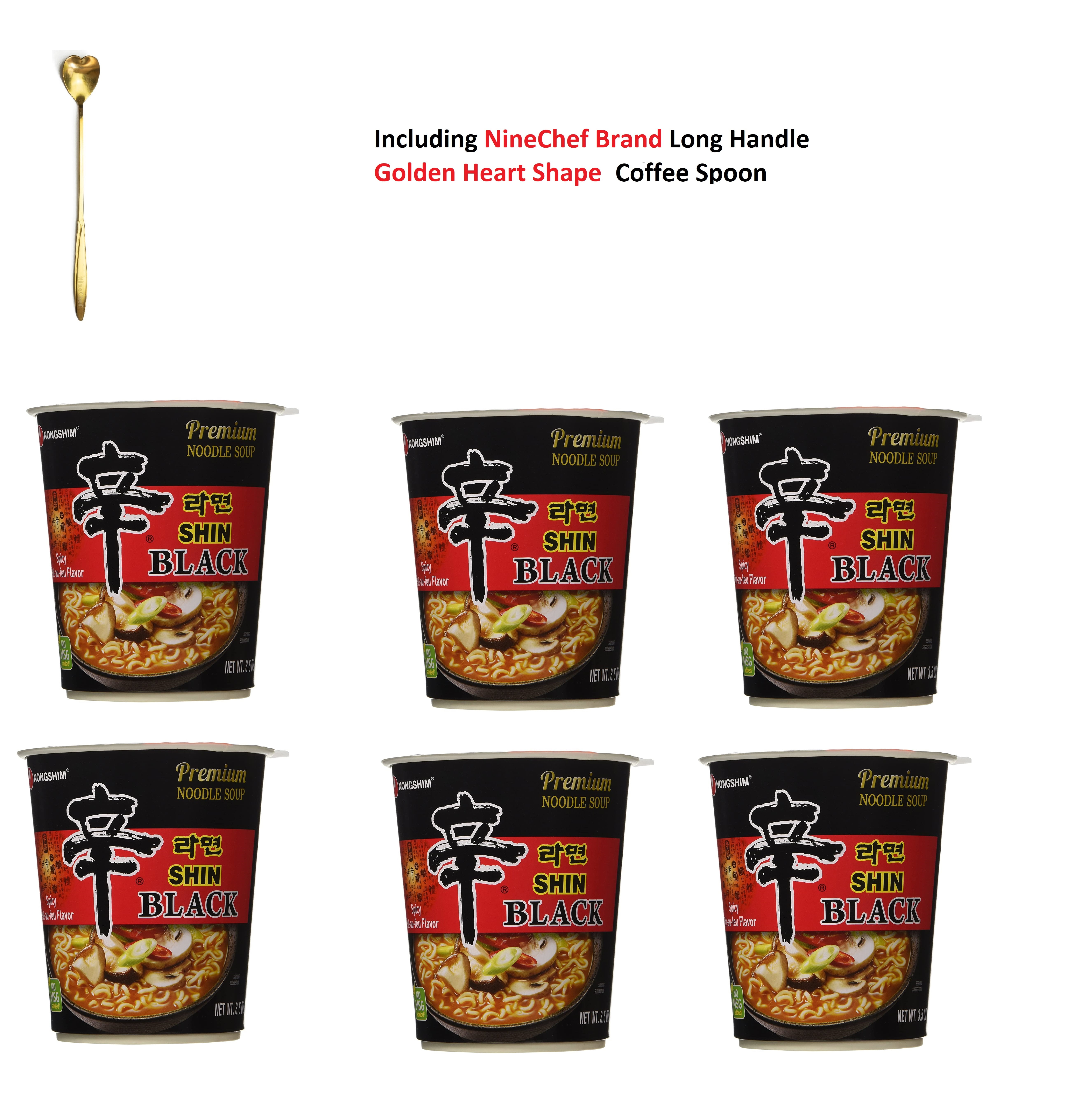 NineChef Bundle - NongShim Shin Black Noodle Soup Spicy 2.64 Ounce (Pack of 6) + 1 NineChef Brand Golden Heart Ice Tea Coffee Long Handel Spoon