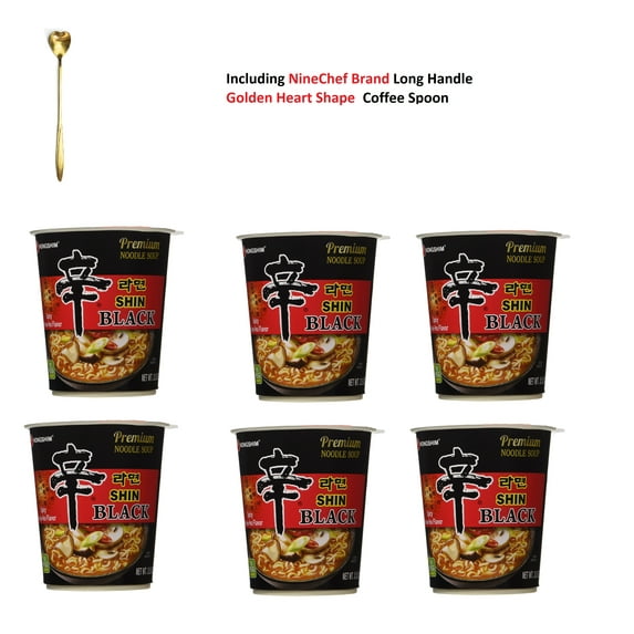 NineChef Bundle - NongShim Shin Black Noodle Soup Spicy 2.64 Ounce (Pack of 6) + 1 NineChef Brand Golden Heart Ice Tea Coffee Long Handel Spoon