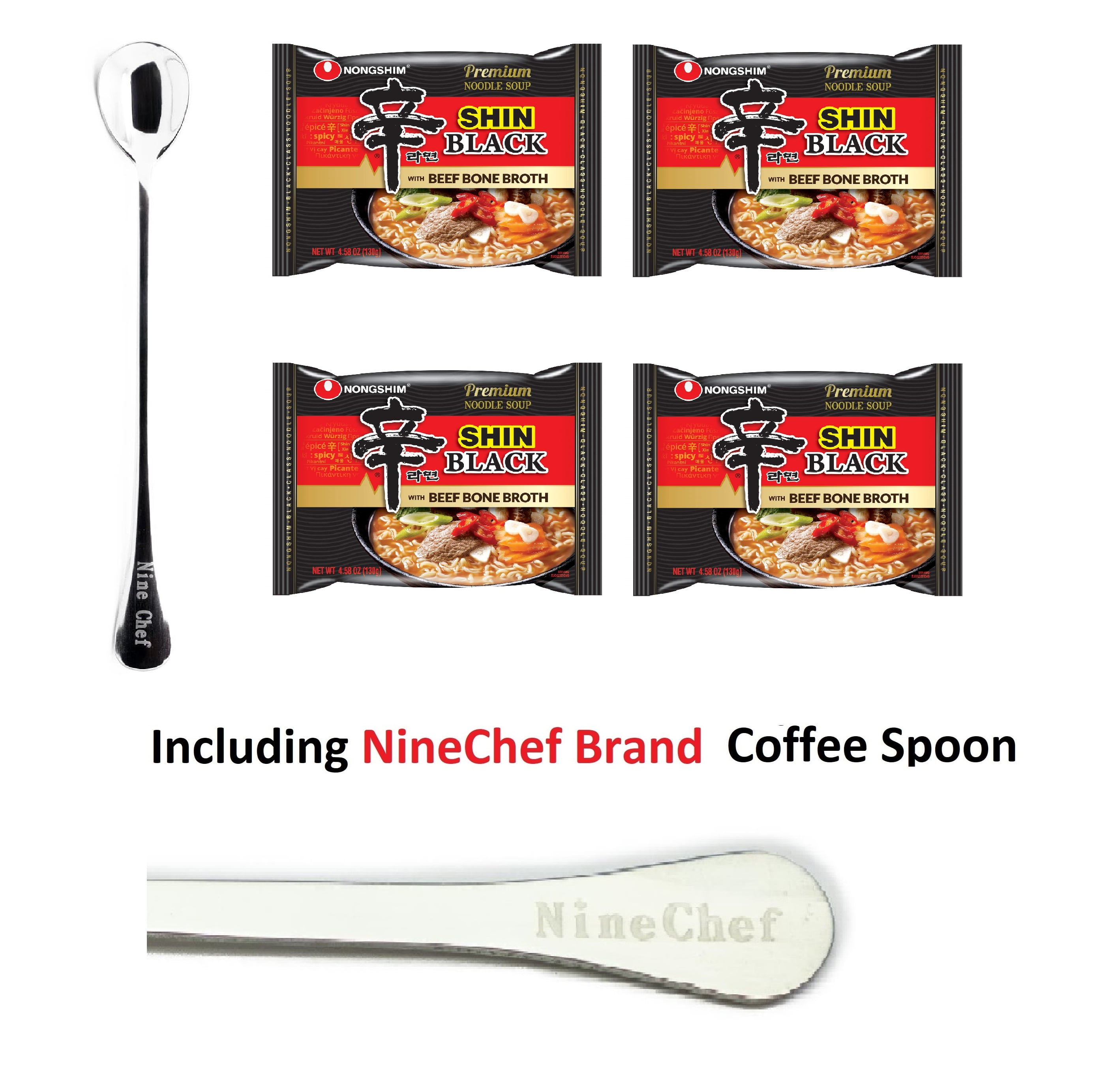 NineChef Bundle - NongShim Shin Black Noodle Soup Spicy (4 small bags)+ 1 NineChef Brand Long Handle Coffee Spoon