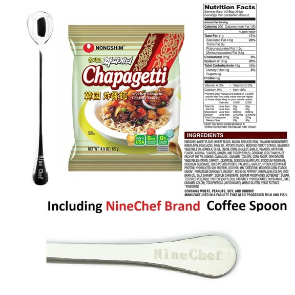 NineChef Bundle - Nongshim Chapagetti Chajang Noodle 4.5 Ounce (Pack of 4)+ 1 NineChef Brand Spoon