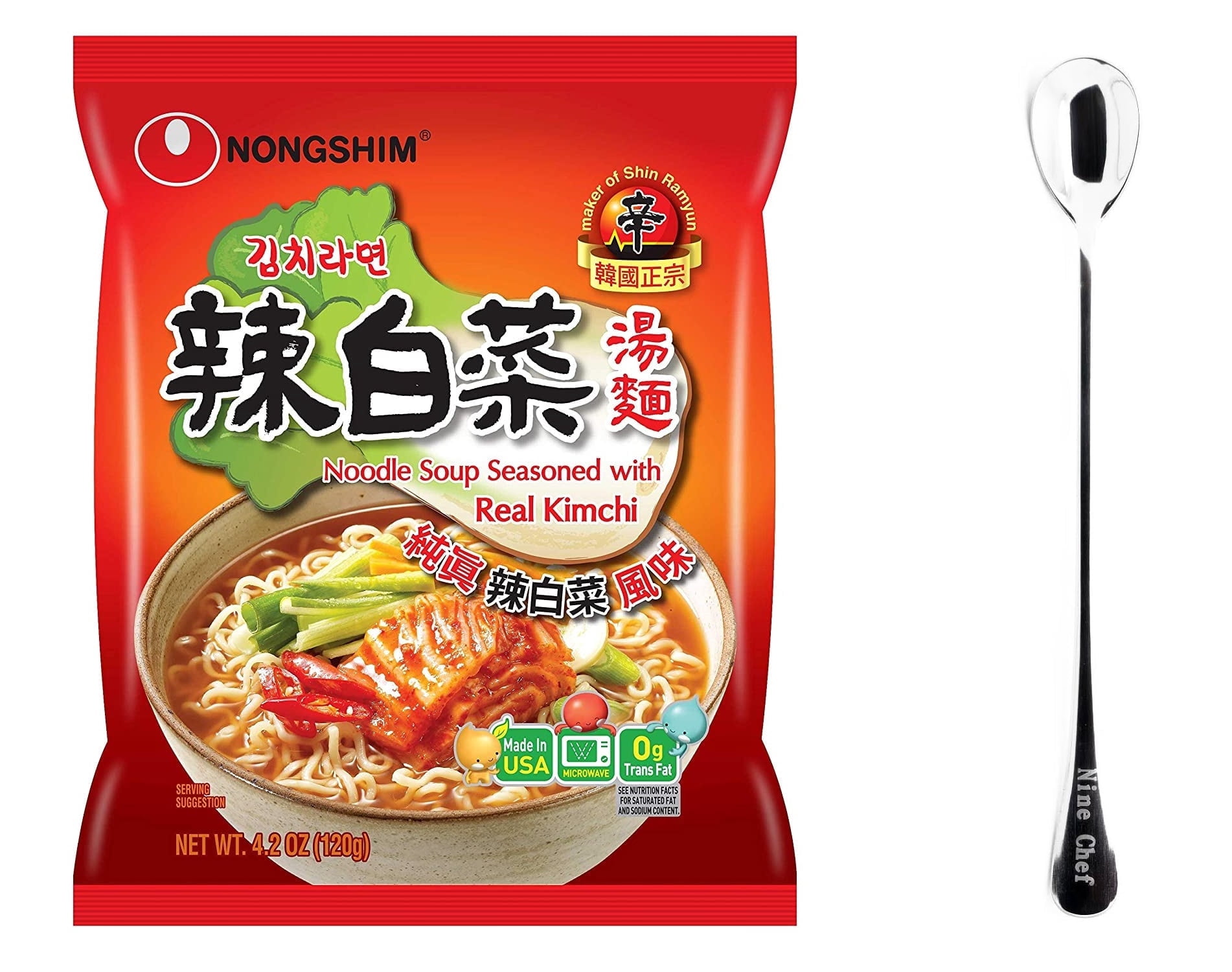 NineChef Bundle - Nongshim instant Noodle Soup, Kimchi Flavor (10 Bags) + One NineChef Spoon