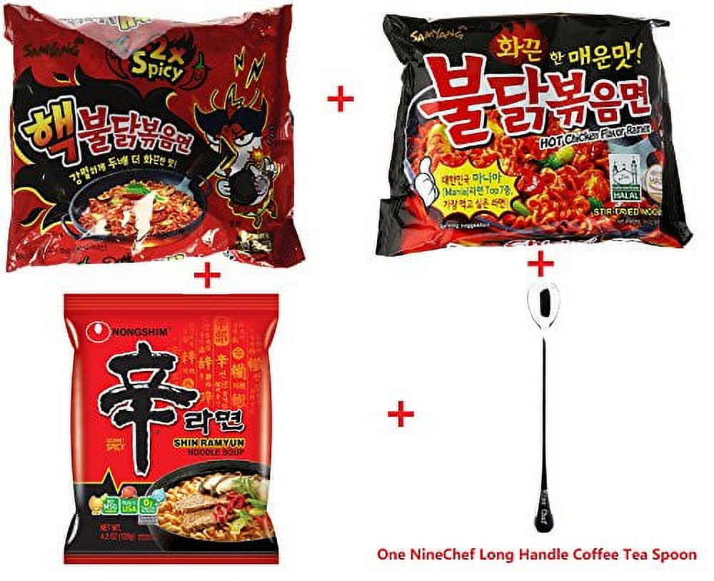 NineChef Bundle - Samyang Ramen Spicy Chicken Roasted Noodles (2 Bag Spicy Flavor + 2 Bag Extra Spicy Flavor + 2 Bag NongShim Spicy Flavor)+ 1 NineChef ChopStick