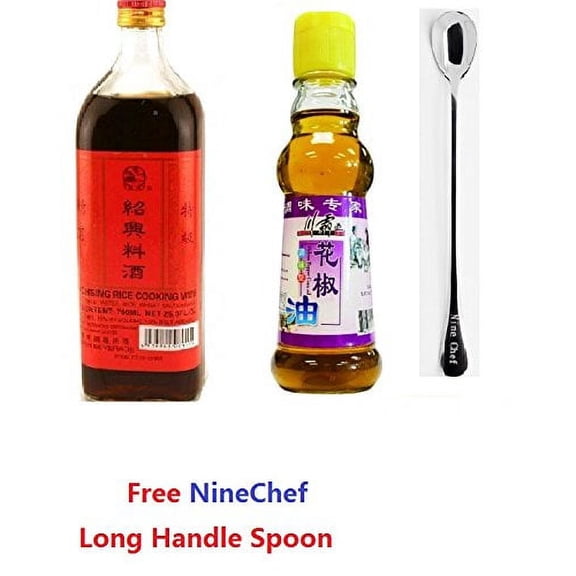 NineChef Bundle - Spicy King (Chuan Ba Wang) Sichuan Peppercom Oil 150ml + Shaohsing (shaoxing) Rice Cooking Wine 750ml (Pack of 4) + 1 NineChef ChopStick