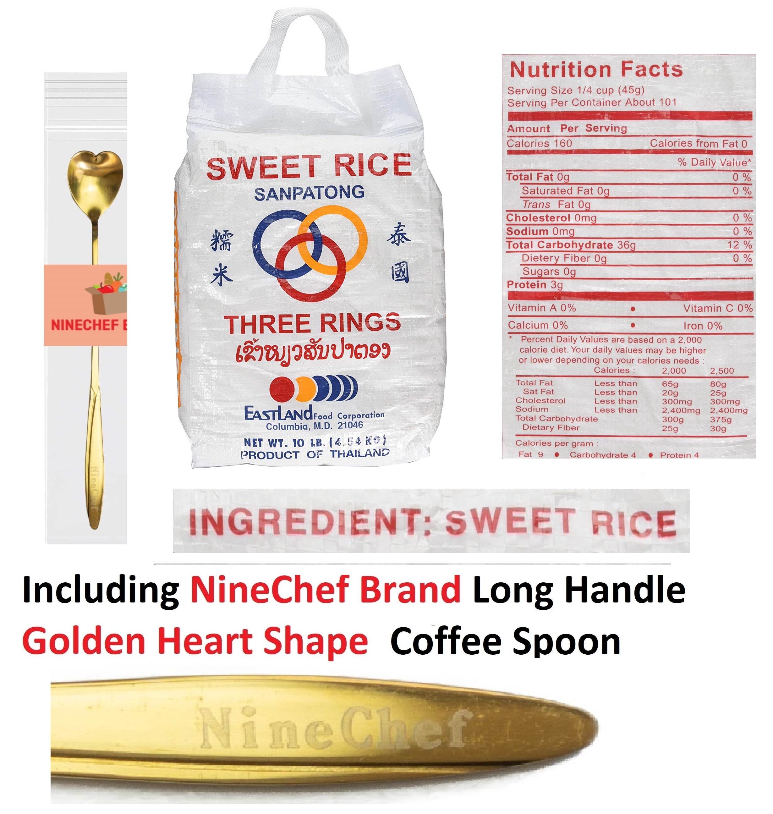 NineChef Bundle - Three Rings Thai Sticky Rice Sweet Rice ( (10 Lbs) + 1 NineChef Brand Golden Heart Ice Tea Coffee Long Handel Spoon