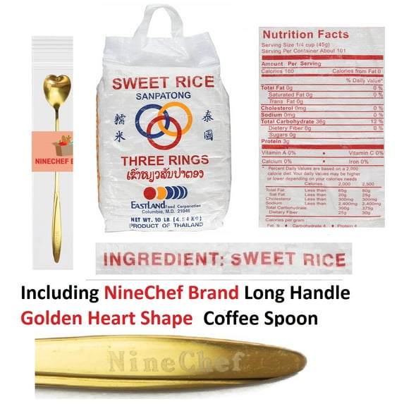 NineChef Bundle - Three Rings Thai Sticky Rice Sweet Rice ( (10 Lbs) + 1 NineChef Brand Golden Heart Ice Tea Coffee Long Handel Spoon