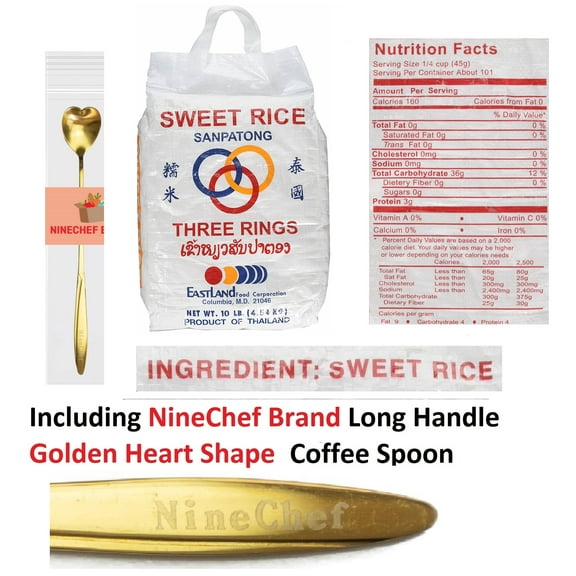 NineChef Bundle - Three Rings Thai Sticky Rice Sweet Rice ( (10 Lbs) + 1 NineChef Brand Golden Heart Ice Tea Coffee Long Handel Spoon