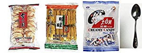 NineChef Bundle - Want Want Big Shelly Shenbei Snowy Crispy Rice Cracker Biscuits = Want-Want Senbei Rice Crackers 92g(3.28oz) + White Rabbit Creamy Candy 6.3 Oz (180 Gram) + 1 NineChef ChopStick